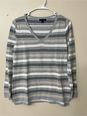 Tommy Hilfiger Gray, Cream & White Striped V-Neck Sweater